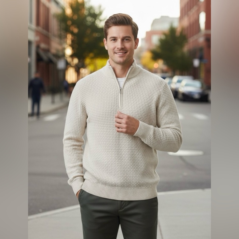 Men’s XL Beige Textured Knit Half-Zip Sweater Basketweave Mock Neck Pullover